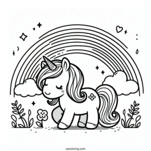Cute Unicorn Bellow A Rainbow Coloring Page