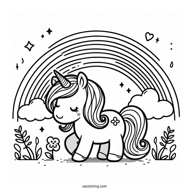 Cute Unicorn Bellow A Rainbow Coloring Page