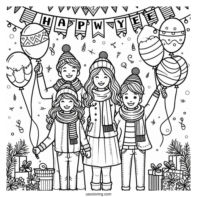 Family Celebrating The New Year Coloring Page With Banners And Balloons For Kids