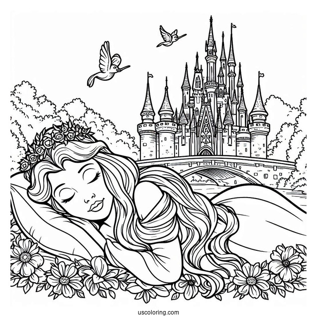 Coloring Page Of Sleeping Beauty With Castle In Background