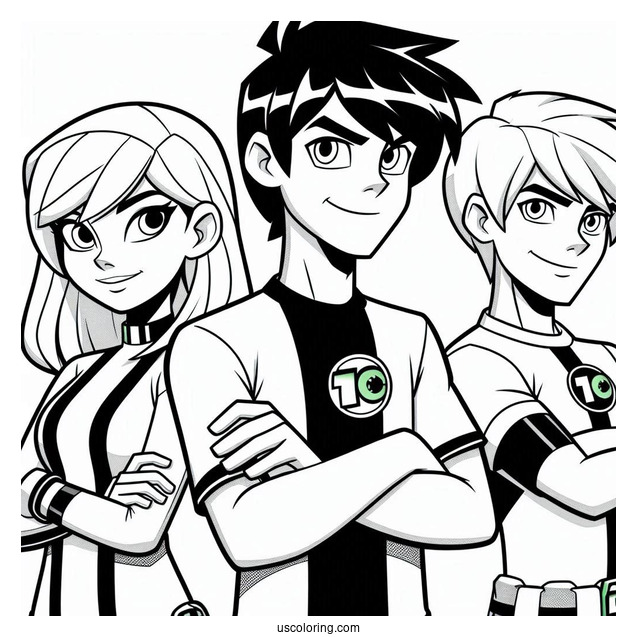 Ben 10 Coloring Page Of Adult Ben Tennyson With Gwen Tennyson And Kevin Levin