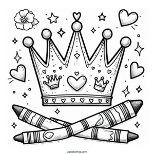Cute DIY Crown Coloring Page with Hearts, Crayons, and Stars For Kids