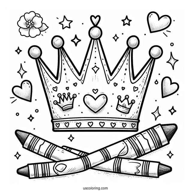 Cute DIY Crown Coloring Page with Hearts, Crayons, and Stars For Kids