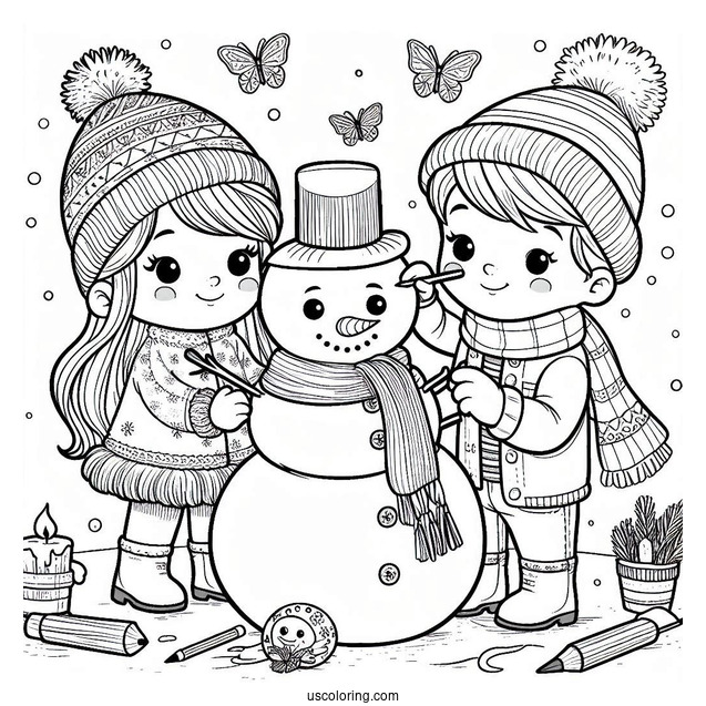 Kids Decorating a Snowman To Color