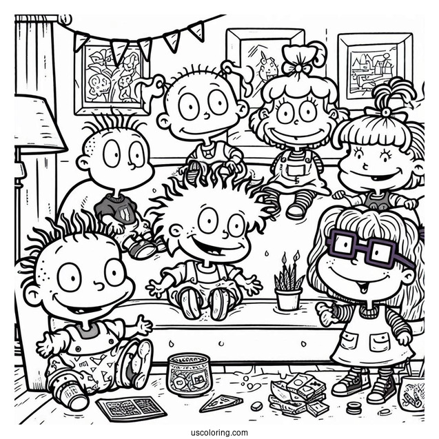Rugrats Coloring Page Of Rugrats Tommy, Angelika, Chuckie, Susie, Lillian, And Philip In Living Room