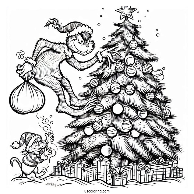 The Grinch Stealing a Christmas Tree Coloring Sheet