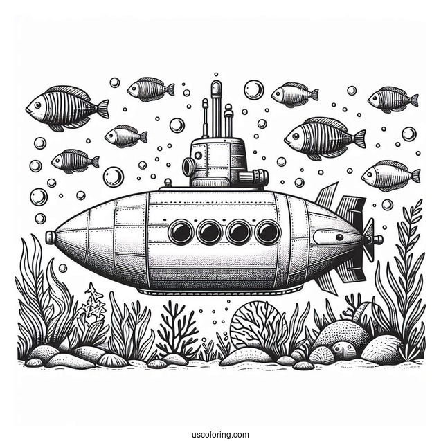 Realistic Deep Sea Submarine Coloring Page With Fish