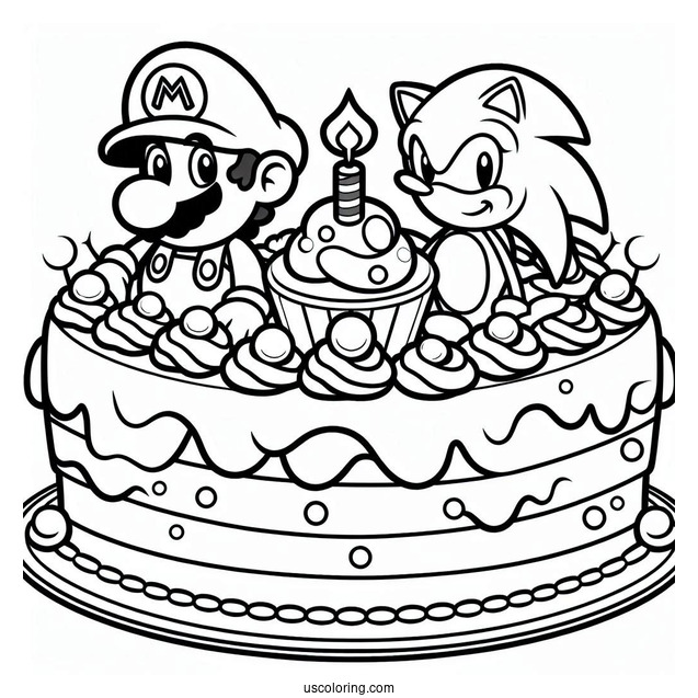 Mario And Sonic Birthday Cake Coloring In For Kids