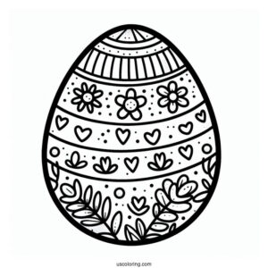 Easter Egg Coloring Page with Flower, Stripe, and Heart Patterns For Preschoolers