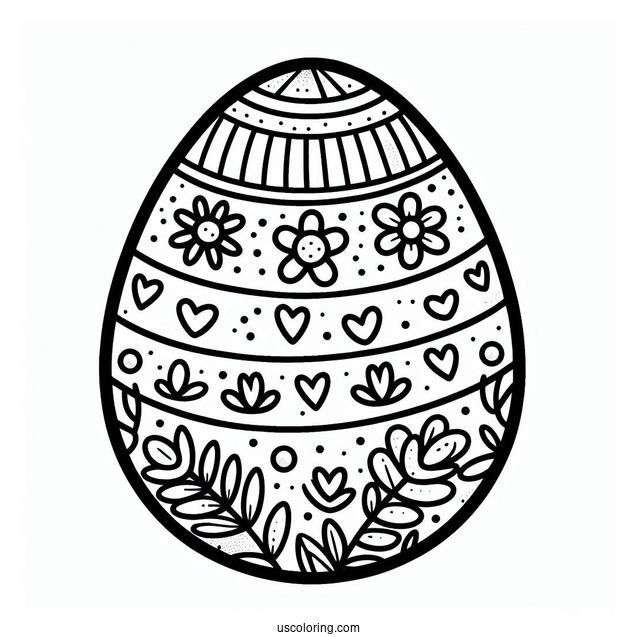 Easter Egg Coloring Page with Flower, Stripe, and Heart Patterns For Preschoolers