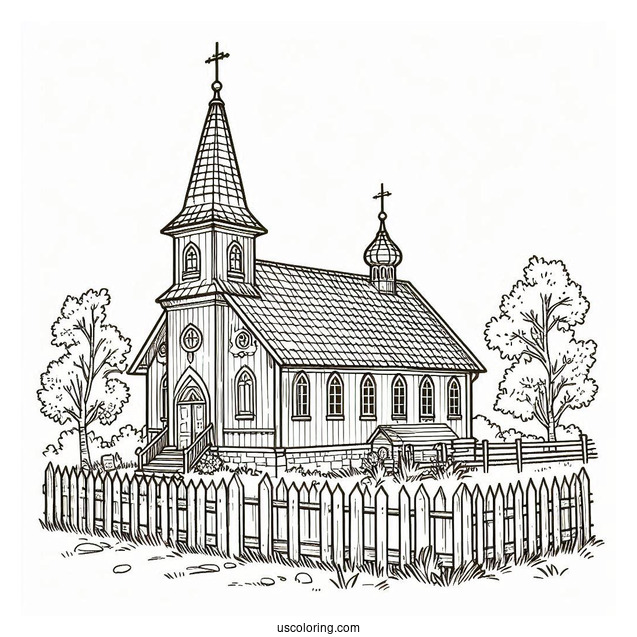 Old Church Coloring Page With A Fence
