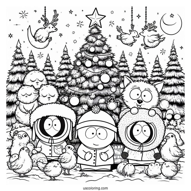 Detailed South Park Coloring Page Of Kyle, Kenny, Stan, And Eric Decorating Christmas Tree With Forest Animals