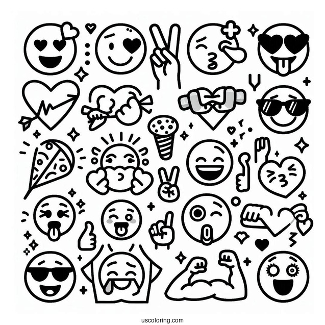 Peace Sign, Winking With Tongue, Heart Eyes, Heart, Raising Hands, Party Popper, Loudly Crying, Hundred Points, Folded Hands, Blow a Kiss, Flexed Biceps, Dizzy Face Emoji Coloring Page