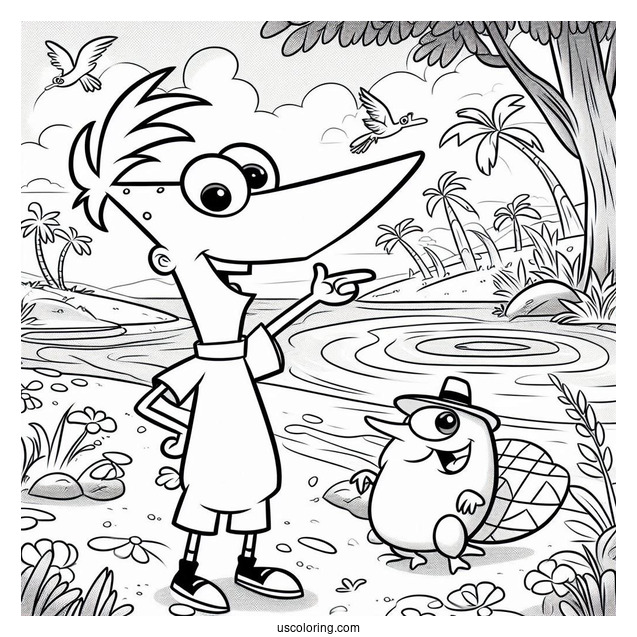 Phineas And Ferb Coloring Page In The Backyard With Perry The Platypus