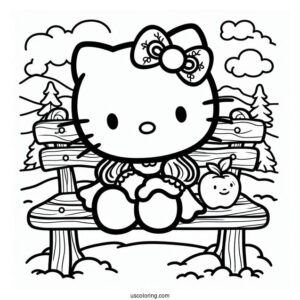 Hello Kitty Sitting On A Bench With Snow White Coloring Pages