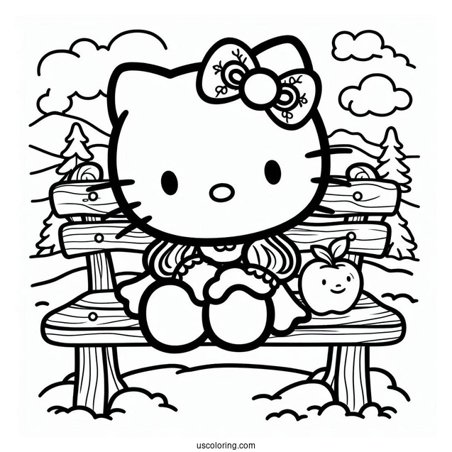 Hello Kitty Sitting On A Bench With Snow White Coloring Pages