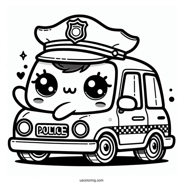 Kawaii Police Car Coloring Page With An Officer Inside Waving For Preschoolers