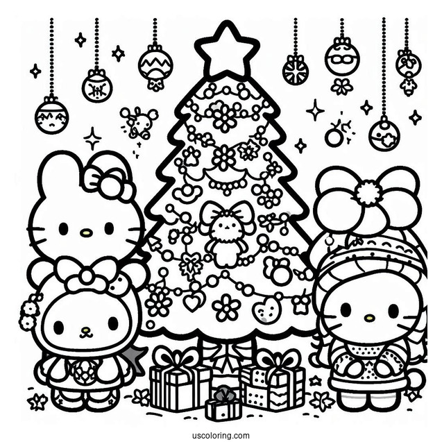 Sanrio Coloring Pages Of Friends Decorating Christmas Tree