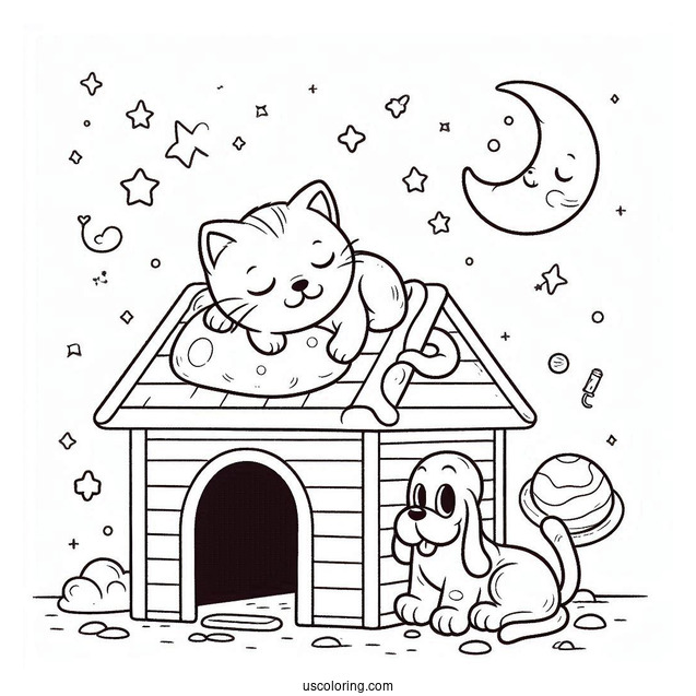 Cat Sleeping On Top Of Pluto Coloring Page In Dog House