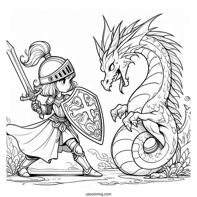 Coloring Sheet Of Girl Knight To Fight Dragon