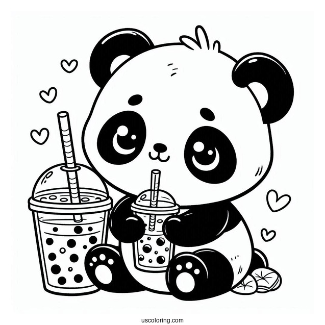 Easy Baby Panda Coloring Page Sipping Boba Tea For Preschoolers