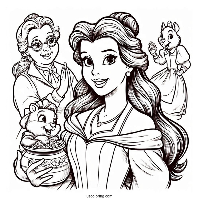 Princess Belle With Mrs Potts And Chip Coloring Page