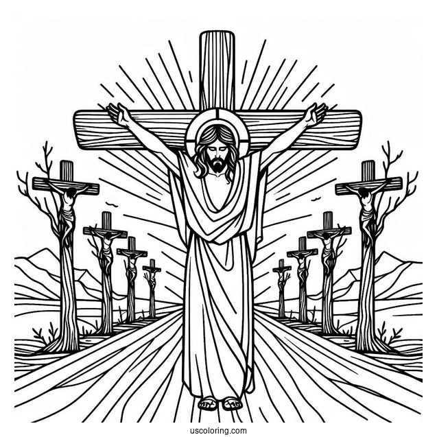 Simple Outline Of Jesus With Calvary Crosses Coloring