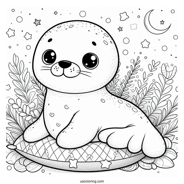 Cute Seal Coloring Page Stuffed Toy On A Bed