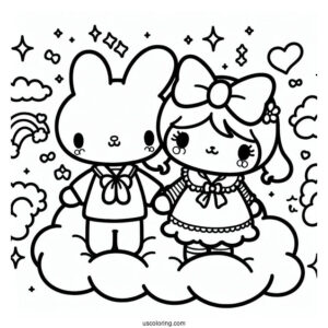 Sanrio Coloring Pages Of Kuromi And My Melody Holding Hands On Cloud