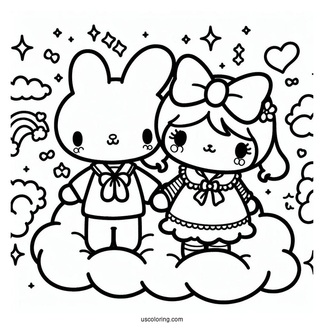 Sanrio Coloring Pages Of Kuromi And My Melody Holding Hands On Cloud