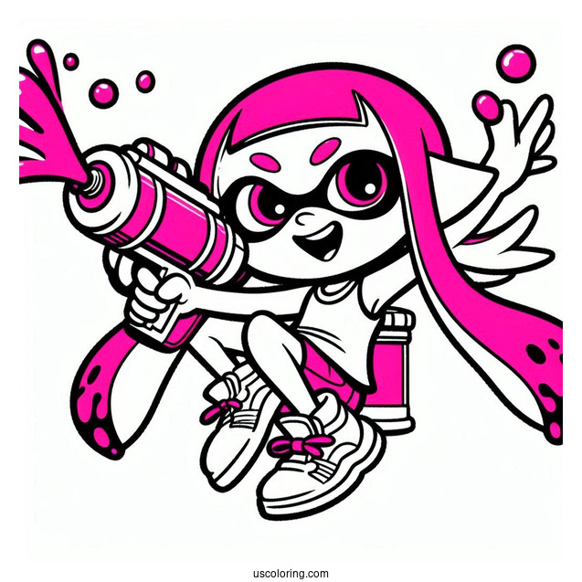 Splatoon Coloring Page Of Happy Pink Inkling Girl Shooting Inkjet