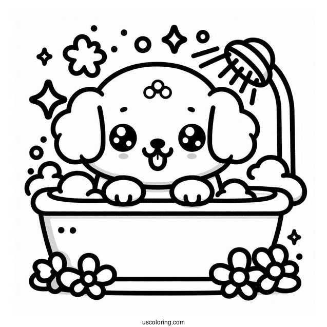 Kawaii Puppy In A Bathtub Coloring Sheet