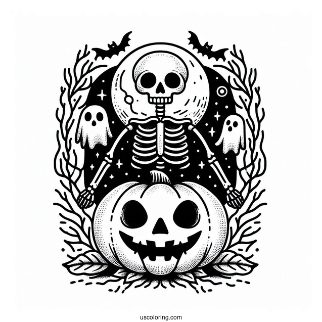 Skeleton Coloring Page Of Jack O Lantern With Ghost And Bat