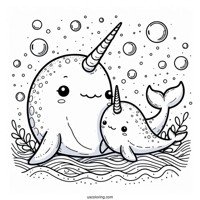 Mama And Baby Narwhal Coloring Page Surrounded By Bubbles