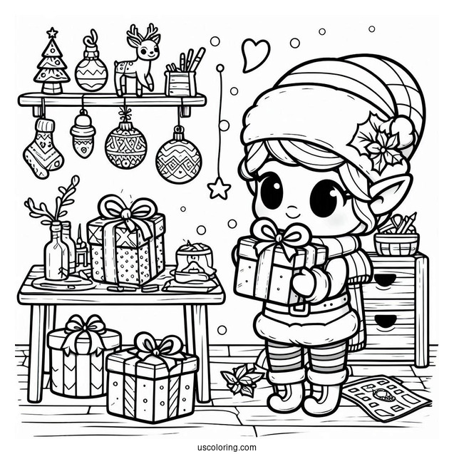 Festive Chibi Coloring Page Elf Wrapping Presents in a Christmas Workshop