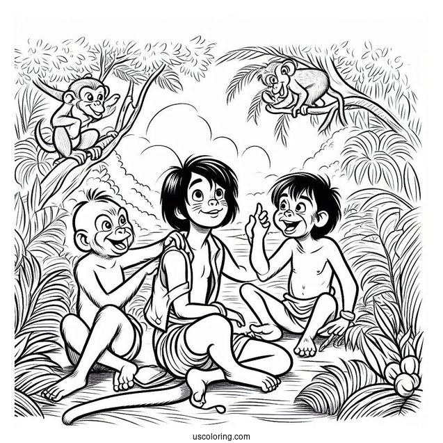Jungle Book Coloring Page Of Monkeys Teasing Mowgli