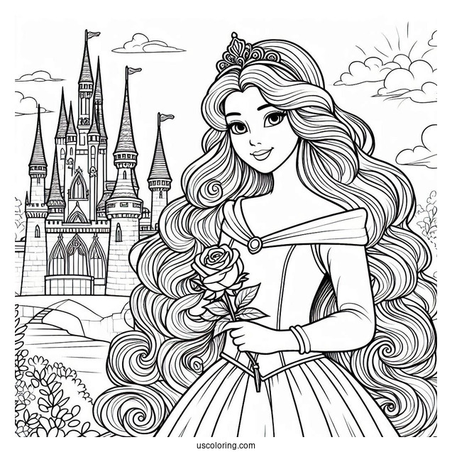 Princess Coloring Page Of Aurora Holding Rose Outside Castle