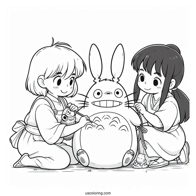 Studio Ghibli Coloring Page of Mei And Satsuki Playing With Totoro