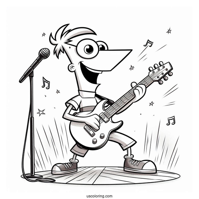 Phineas And Ferb Coloring Page On Stage Playing Electric Guitar