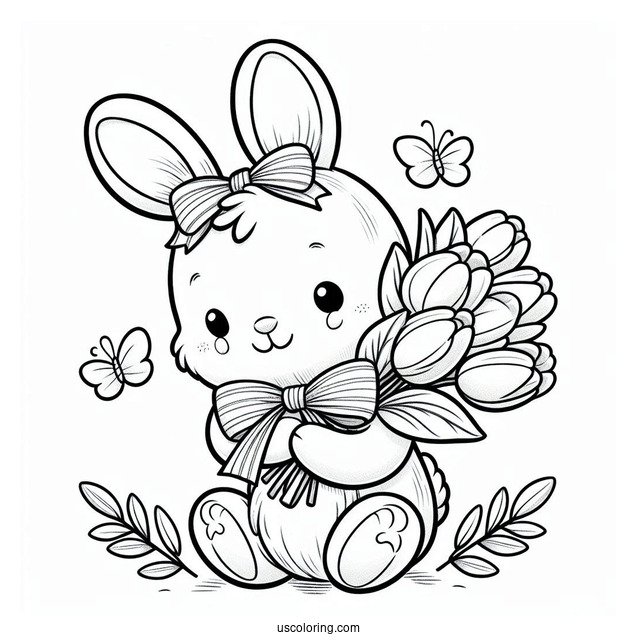 Happy Easter Bunny Coloring Page Holding Flower Bouquet For Kids