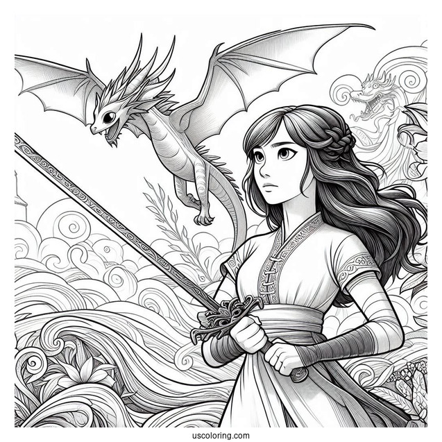 Raya And The Last Dragon Coloring Page Holding Her Sword With Sisu Flying In The Background
