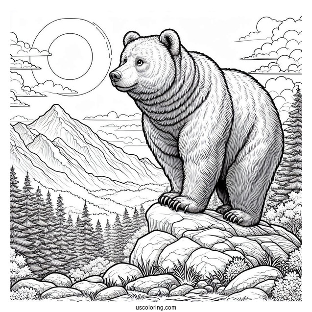 Realistic Bear Coloring Page Standing Up In Mountainside