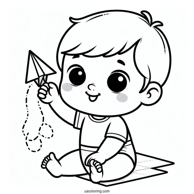 Easy Baby Coloring Page Holding A Paper Airplane