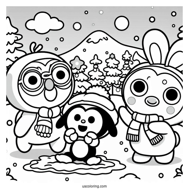 Pororo Coloring Page Of Eddy, Poby, Loopy, And Crong Playing In The Snow