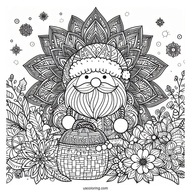 Santa Claus In Front Of A Beautiful Flower Christmas Mandala Coloring Page