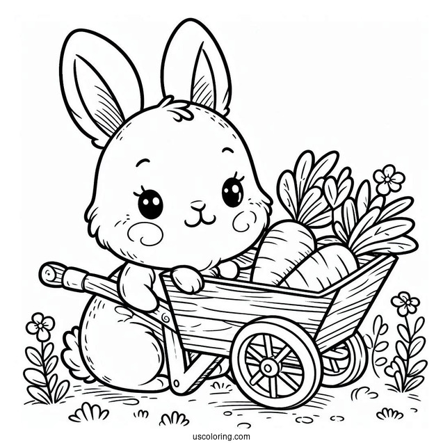 Rabbit In A Wheelbarrow With Carrots In Spring Coloring Sheet For Preschoolers
