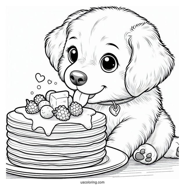 Puppy Licking Large Pancake Coloring Page With Butter And Berries