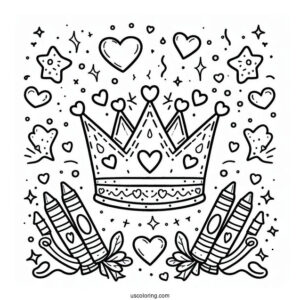 Cute DIY Crown Coloring Page with Hearts, Crayons, and Stars For Kids