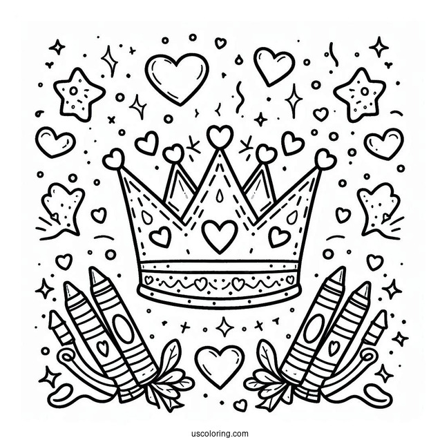 Cute DIY Crown Coloring Page with Hearts, Crayons, and Stars For Kids