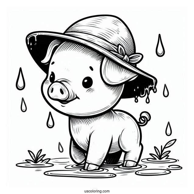 Piglet Coloring Page In A Hat Dripping Wet With Rain